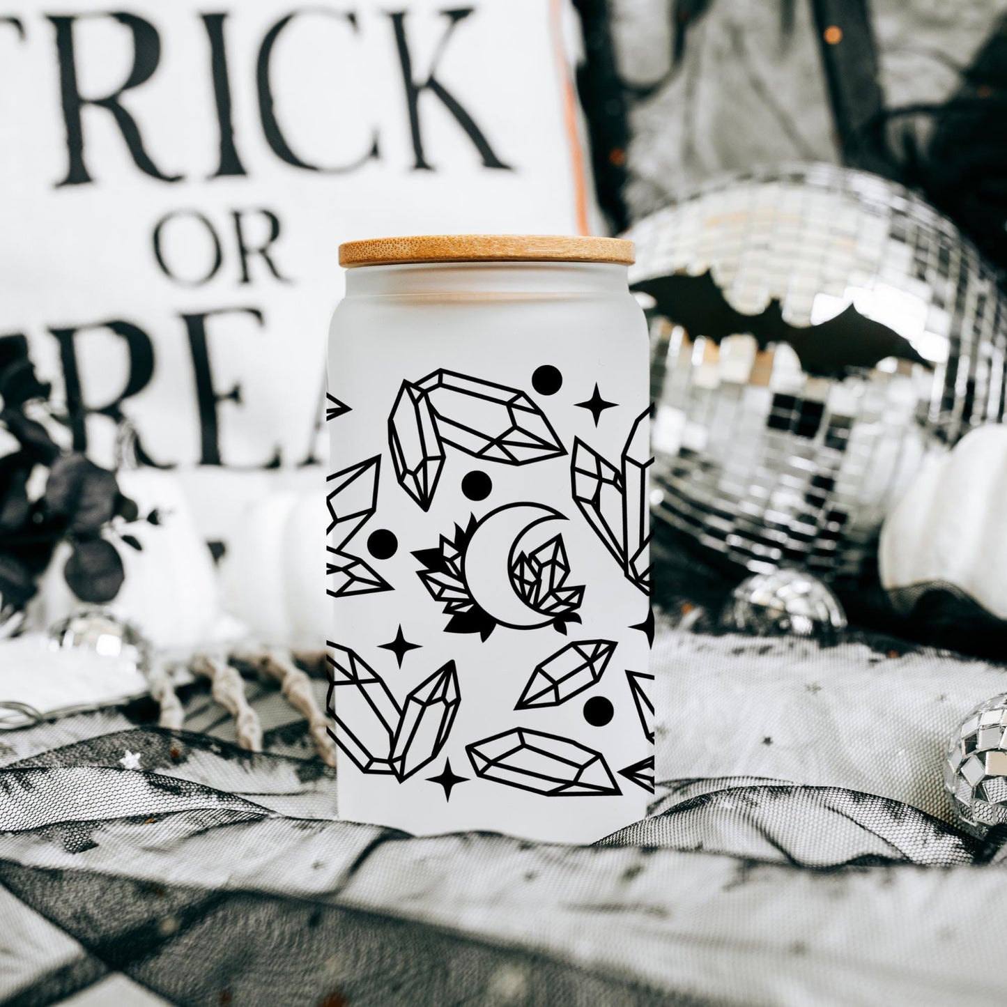 Crystals 16oz Iced Coffee Cup, Celestial Coffee Glass, Witchy Gifts, Witch Glass, Halloween Iced Coffee Cup w/ Reusable Straw & Bamboo Lid.