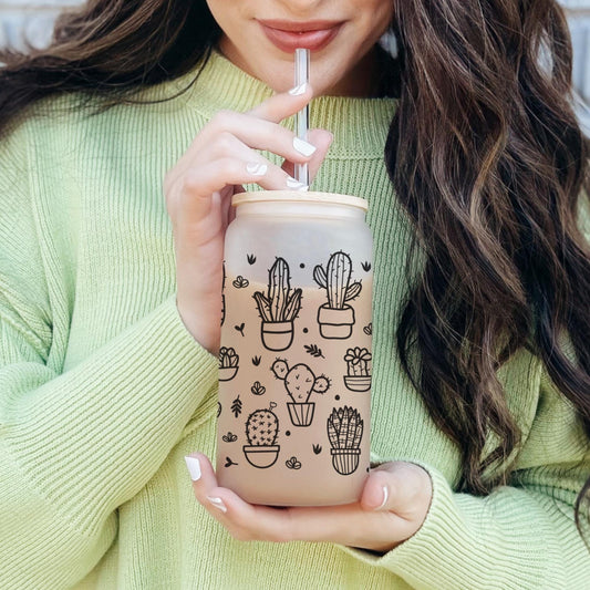 Cute Cactus 16oz Iced Coffee Cup, Plant Lover Gift, Gifts for Plant Moms, Plant Mom Cup, Coffee Cup w/ Reusable Straw & Bamboo Lid.