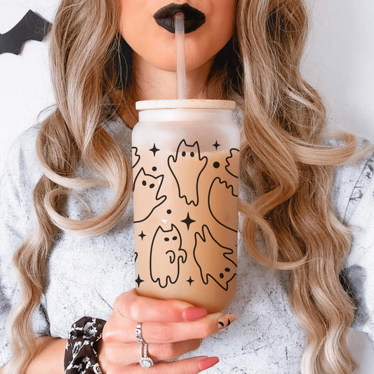 Ghost Cats 16oz Iced Coffee Cup, Ghost Cat Coffee Mug, Halloween Gift, Iced Coffee Cup, Spooky Season Mug, Coffee Cup w/ Straw & Bamboo Lid.