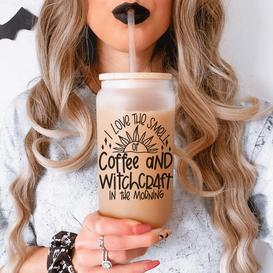 Coffee and Witchcraft 16oz Iced Coffee Cup, Mystical Glass Cup, Witchy Gift Cup, Gift for Her, Coffee Cup w/ Reusable Straw & Bamboo Lid.