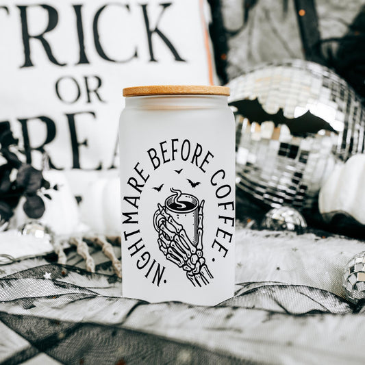 Nightmare Before Coffee 16oz Iced Coffee Cup, Funny Skeleton Glass Cup, Coffee Lover Gift, Dark Humor Cup, Coffee Cup w/ Straw & Bamboo Lid.