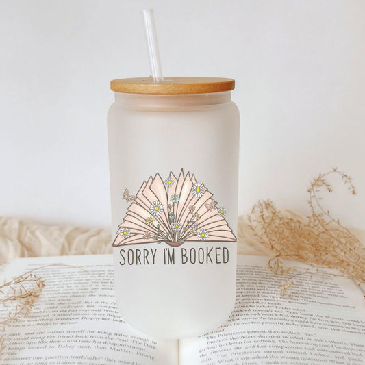 Sorry I'm Booked 16oz Iced Coffee Cup, Book Lover Gift, Gift for Readers, Gifts for Bookworms, Coffee Cup w/ Reusable Straw & Bamboo Lid.