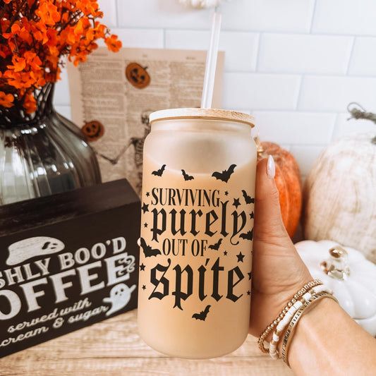 Surviving Out of Spite 16oz Iced Coffee Cup, Sarcasm Dark Humor Iced Coffee Cup, Co-Worker Coffee Cup, Coffee Cup w/ Straw & Bamboo Lid.