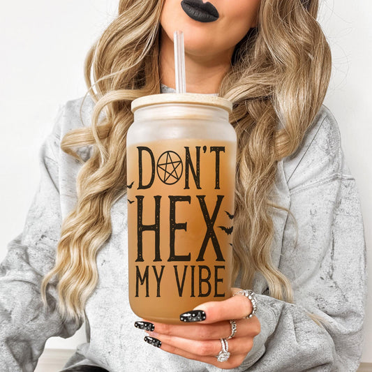 Don't Hex Me 16oz Iced Coffee Cup, Fall Glass Can, Fall Cup, Halloween Iced Coffee Glass, Halloween Gifts, Coffee Cup w/ Straw & Bamboo Lid.