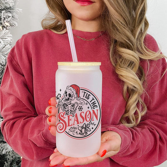 Tis the Season 16oz Iced Coffee Cup, Christmas Cups, Coffee Glass, Iced Coffee Glass, Holiday Glass, Coffee Cup w/ Reusable Straw & Lid.
