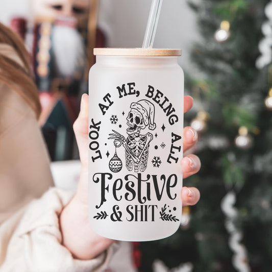 Festive and Funny 16oz Iced Coffee Cup,  Iced Coffee Glass, Holiday Glass, Christmas Glass Can, Coffee Cup w/ Reusable Straw & Bamboo Lid.