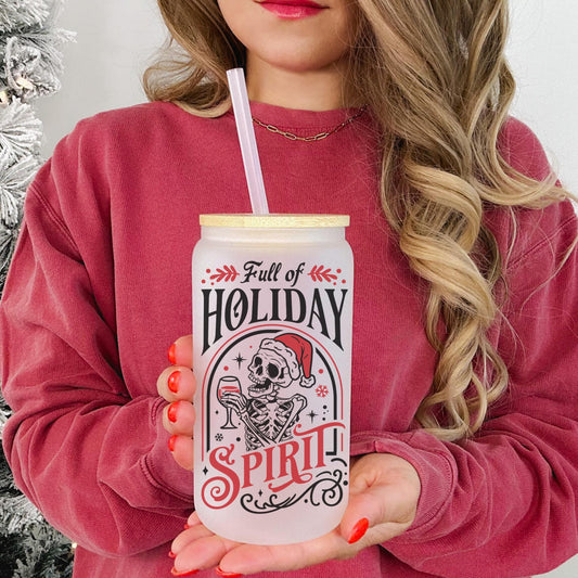 Holiday Spirit 16oz Iced Coffee Cup, Christmas Cups, Coffee Glass, Iced Coffee Glass, Holiday Glass, Coffee Cup w/ Reusable Straw & Lid
