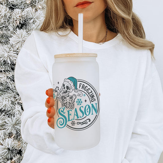 Freezing Season 16oz Iced Coffee Cup, Christmas Cups, Coffee Glass, Iced Coffee Glass, Holiday Glass, Coffee Cup w/ Reusable Straw & Lid