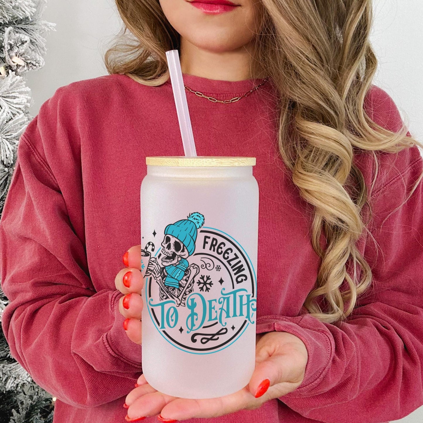Freezing to Death 16oz Iced Coffee Cup, Christmas Coffee Glass, Iced Coffee Glass, Holiday Glass, Holiday Glass, Coffee Cup w/ Straw & Lid