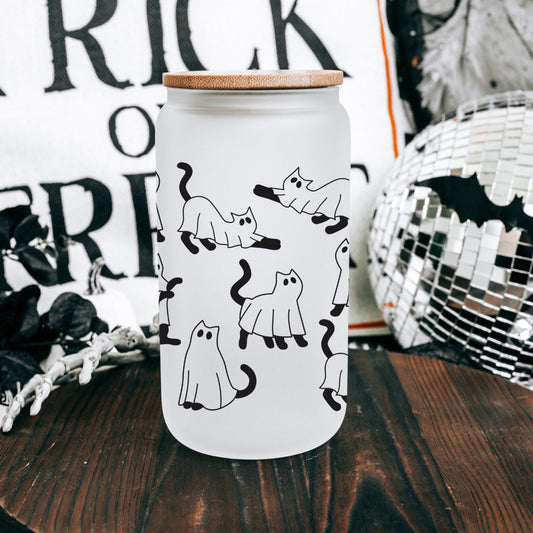 Black Cat Ghosts 16oz Iced Coffee Cup, Halloween Ghost Cup, Spooky Season Cat Cup, Halloween Cute Gift, Coffee Cup w/ Straw & Bamboo Lid.