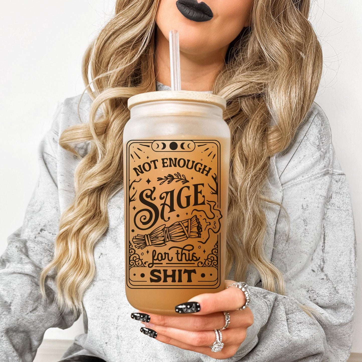Not Enough Sage Funny Tarot 16oz Iced Coffee Cup, Tarot Card Glass, Celestial Glass Cup, Witchy Gift Cup, Coffee Cup w/ Straw & Bamboo Lid.