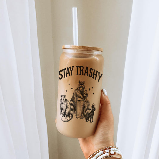 Stay Trashy Funny 16oz Iced Coffee Cup, Stay Trashy Raccoon Coffee Glass, Sarcastic Gift, Funny Racoon Cup, Coffee Cup w/ Straw & Lid.
