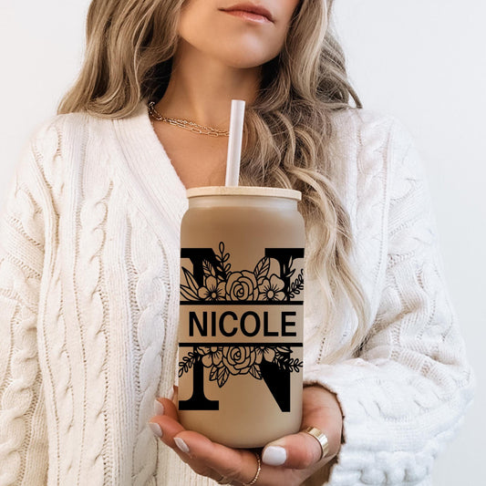 Floral Line Art Letter 16oz Iced Coffee Cup, Bridesmaid Gift, Bachelorette Glass Cup, Bridesmaid Proposal, Coffee Cup w/ Straw & Bamboo Lid.