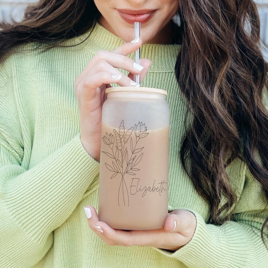 Personalized Floral Line Art Iced Coffee Cup 16oz, Bridesmaid Gift, Bachelorette Glass Cup, Bridesmaid Proposal, Coffee Cup w/ Straw & Lid.