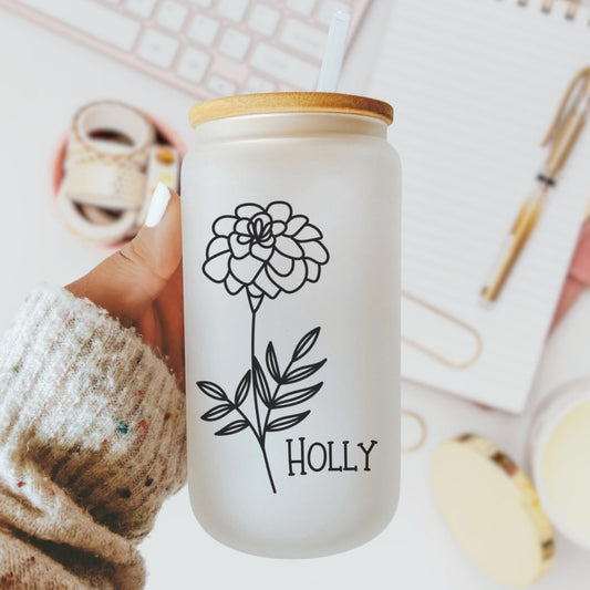 Birth Month Flower with Name 16oz Iced Coffee Cup, Gifts for Her, Bridesmaid Proposal Gift, Birthday Gift, Coffee Cup w/ Straw & Bamboo Lid.