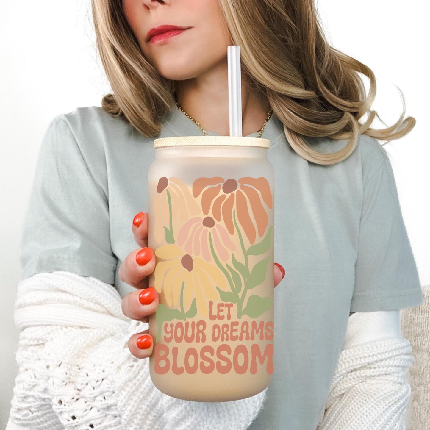 Let Your Dreams Blossom 16oz Iced Coffee Cup, Iced Coffee Cup, Birthday Gift, Aesthetic Glassware, Coffee Cup w/ Straw & Bamboo Lid.