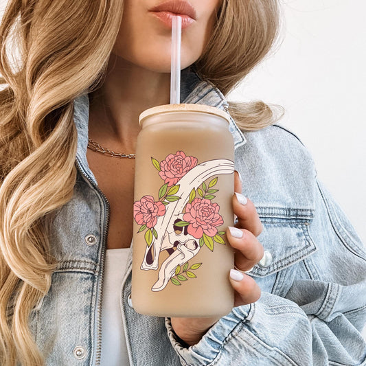 Floral Parasaurolophus Dinosaur 16oz Iced Coffee Cup, Cute Dinosaur Cup, Floral Dinosaur Cup, Coffee Cup w/ Straw & Bamboo Lid