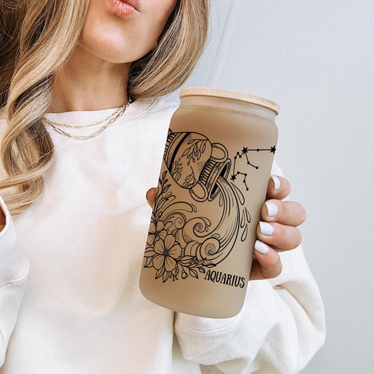 Zodiac 16oz Iced Coffee Cup, Astrology Birthday, Gift for Her Friend, Glass Horoscope Iced Coffee Cup, Coffee Cup w/ Straw & Bamboo Lid.