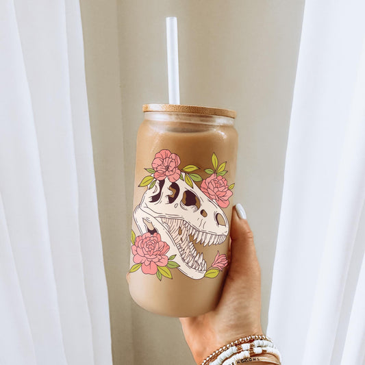 Floral T-Rex Dinosaur Skull 16oz Iced Coffee Cup, Dinosaur Lover Gift, Gift For Her, Cottage Core Gift, Coffee Cup w/ Straw & Bamboo Lid.