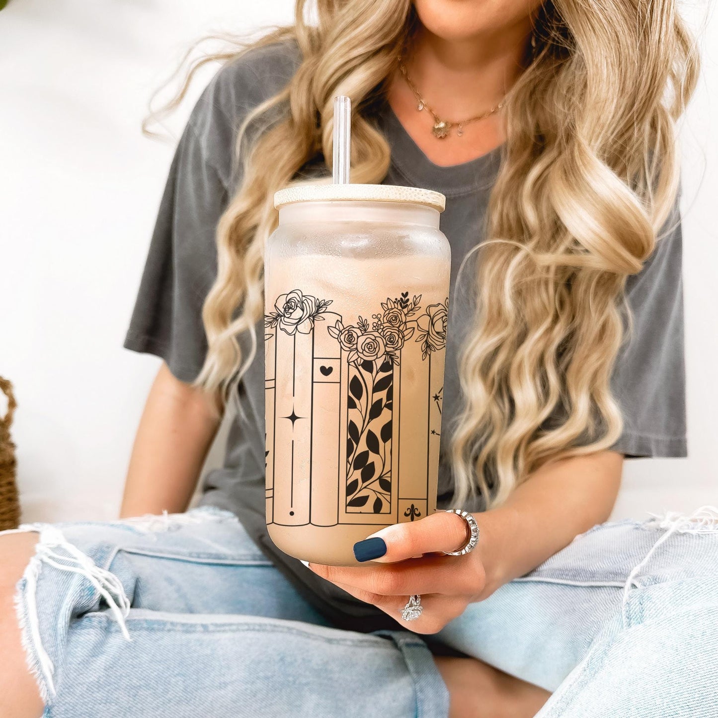 Floral Book Lover 16oz Iced Coffee Cup, Gifts for Bookworms, Reader Gift, Book Club Gift, Coffee Cup w/ Reusable Straw & Lid.
