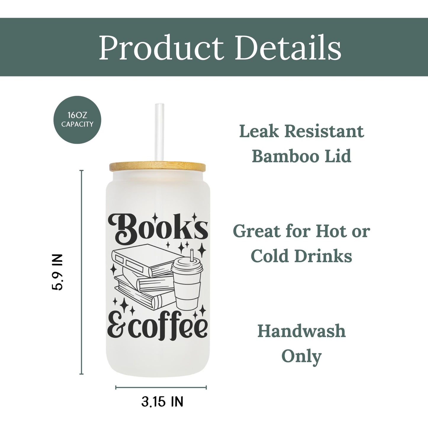 Books and Coffee 16oz Iced Coffee Cup, Cute Books Lover Cup, Books Club Gift, Books Lover Gift, Coffee Cup w/ Straw & Bamboo Lid.