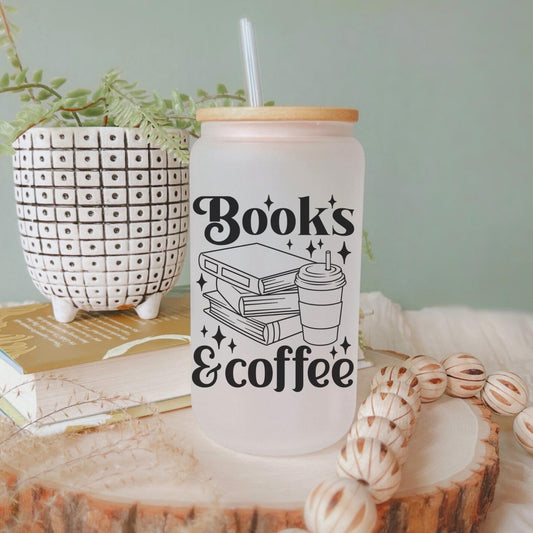 Books and Coffee 16oz Iced Coffee Cup, Cute Books Lover Cup, Books Club Gift, Books Lover Gift, Coffee Cup w/ Straw & Bamboo Lid.