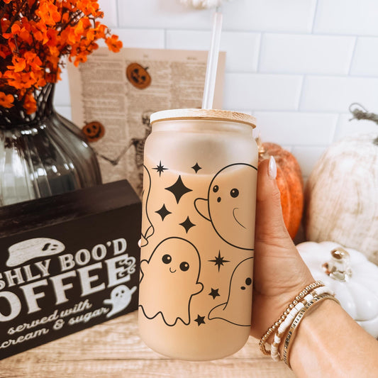 Cute Ghosts 16oz Iced Coffee Cup, Halloween Iced Coffee Glass, Halloween Gifts, Coffee Cup w/ Reusable Straw & Bamboo Lid.