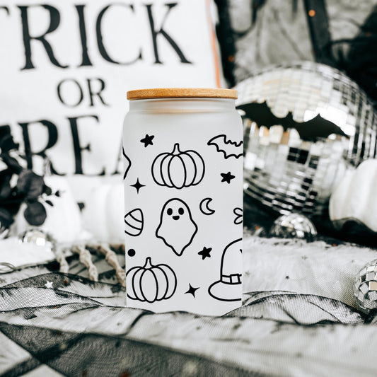 Halloween Lover 16oz Iced Coffee Cup, Fall Glass Can, Halloween Glass Can, Coffee Glass, Halloween Gifts Coffee Cup w/ Straw & Bamboo Lid.
