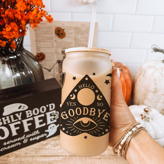 Hello Goodbye 16oz Iced Coffee Glass, Witch Gift Cup, Mystical Gift, Gift for Her, Halloween Gift, Iced Coffee Cup w/ Straw & Bamboo Lid.