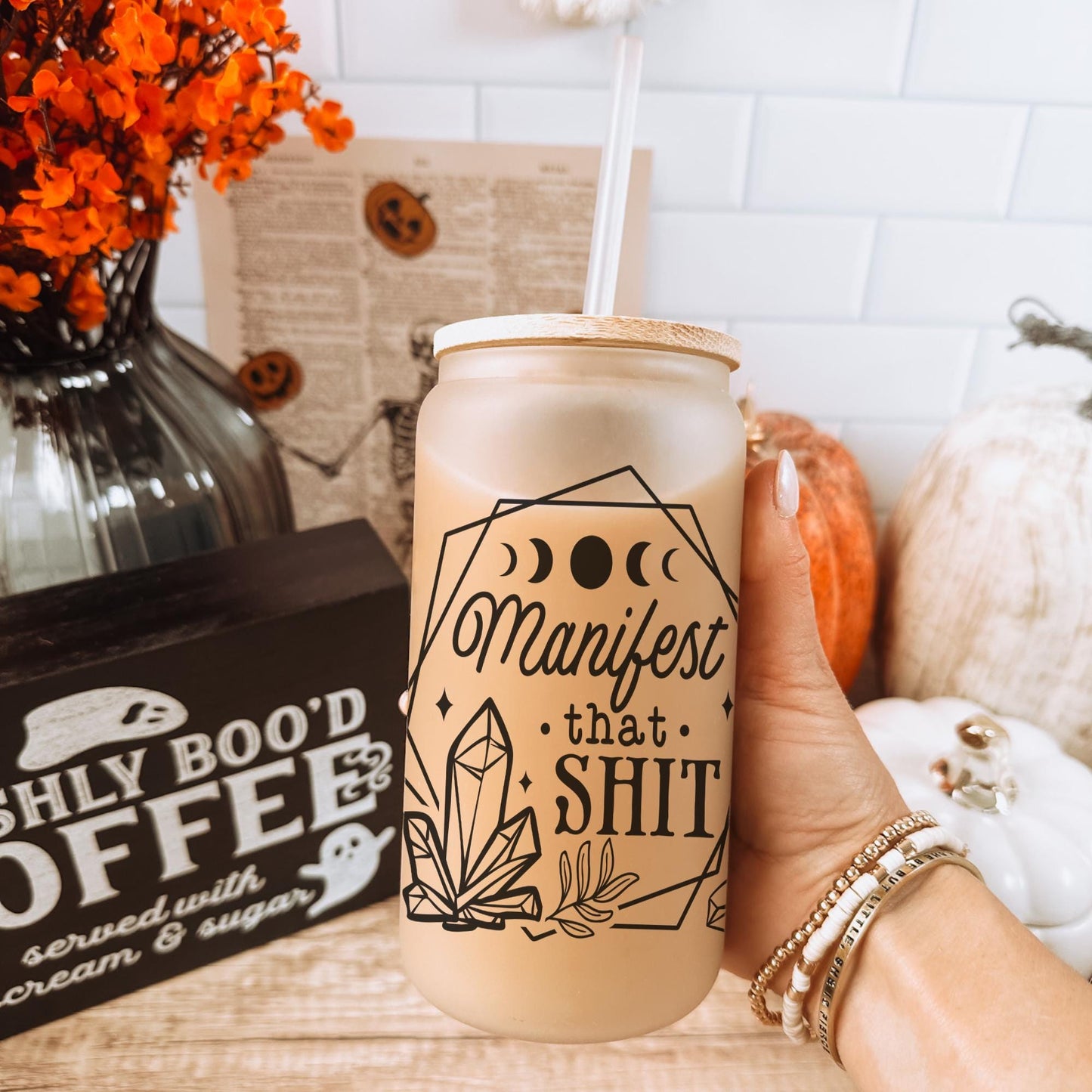 Manifest That 16oz Iced Coffee Cup, Gift for Her, Best Friend Gift, Mental Health gift, Coffee Cup w/ Reusable Straw & Bamboo Lid.