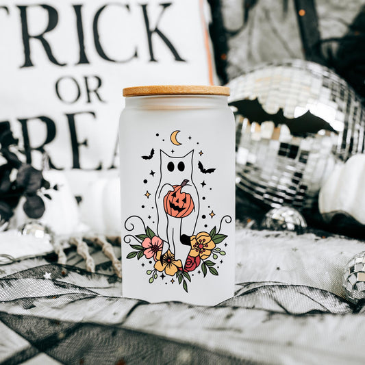 Ghost Cat with Pumpkin 16oz Iced Coffee Cup, Pumpkin Cup, Halloween Iced Coffee Glass, Halloween Gifts, Coffee Cup w/ Straw & Bamboo Lid.