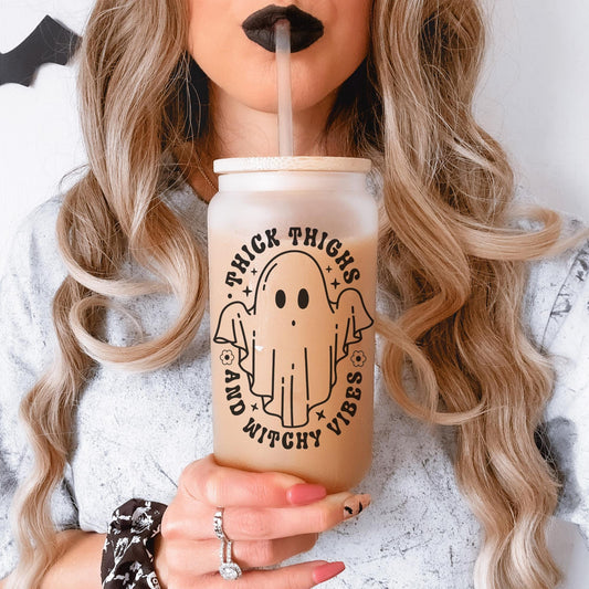 Thick Thighs and Witchy Vibes 16oz Iced Coffee Cup, Halloween Cup, Fall Glass Cups, Halloween Iced Coffee, Coffee Cup w/ Straw & Bamboo Lid.