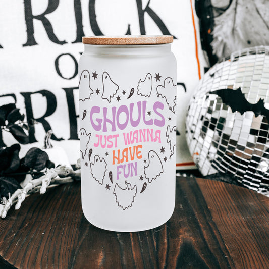 Ghouls Just Wanna Have Fun 16oz Iced Coffee Cup, Halloween Gift, Iced Coffee Cup, Spooky Season Mug, Coffee Cup w/ Straw & Bamboo Lid.