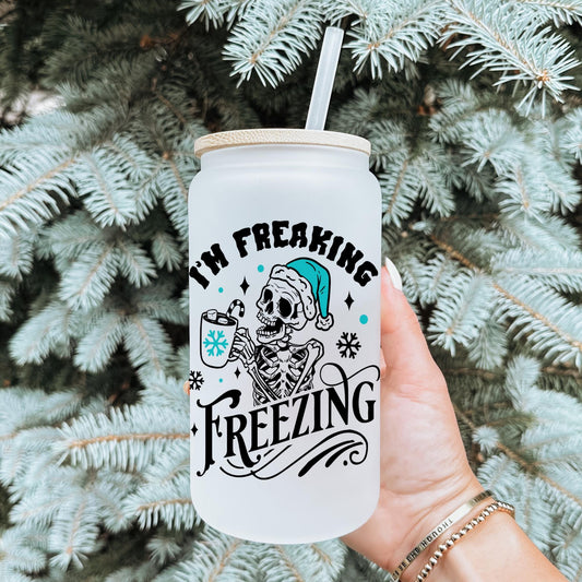 I'm Freaking Freezing 16oz Iced Coffee Cup,  Iced Coffee Glass, Holiday Glass, Christmas Glass Can, Coffee Cup w/ Reusable Straw & Lid.