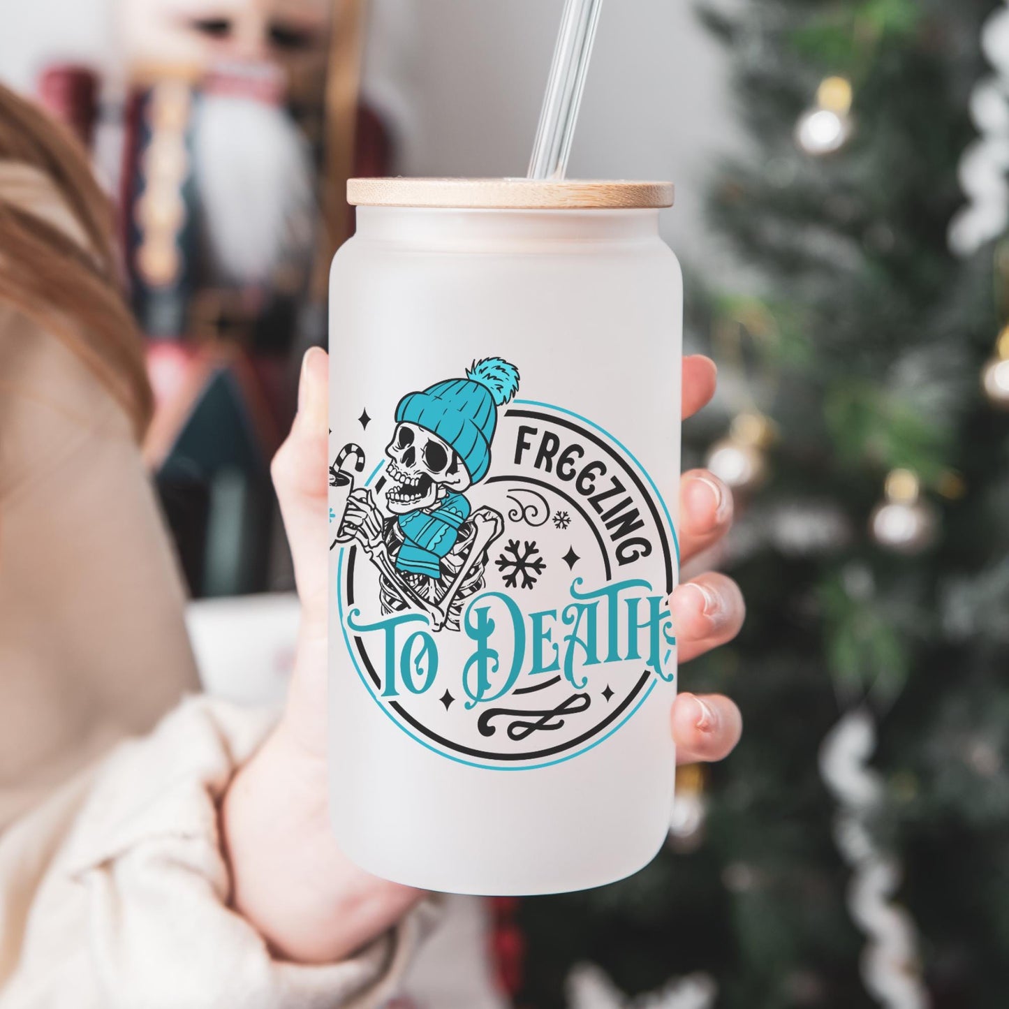 Freezing to Death 16oz Iced Coffee Cup, Christmas Coffee Glass, Iced Coffee Glass, Holiday Glass, Holiday Glass, Coffee Cup w/ Straw & Lid