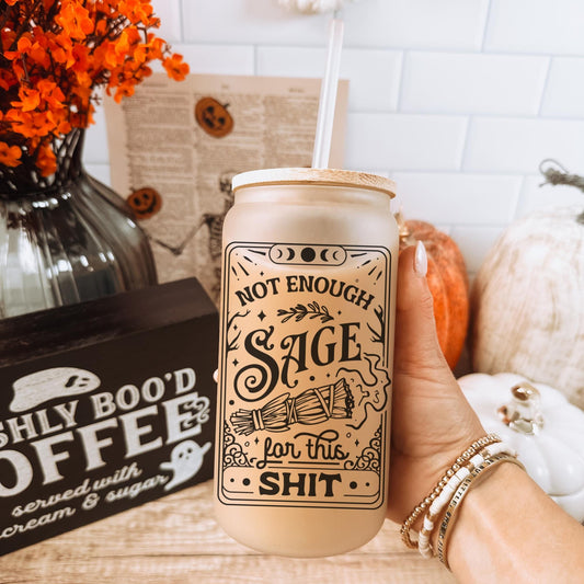 Not Enough Sage Funny Tarot 16oz Iced Coffee Cup, Tarot Card Glass, Celestial Glass Cup, Witchy Gift Cup, Coffee Cup w/ Straw & Bamboo Lid.