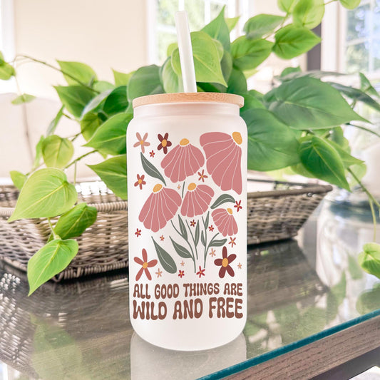Wild and Free 16oz Iced Coffee Cup, Flower Can Glass, Gift For Friends, Floral Sipper Glass Tumbler, Can Glass w/ Straw & Bamboo Lid