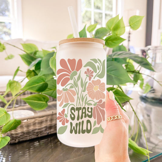 Stay Wild 16oz Iced Coffee Cup, Flower Can Glass, Gift For Friends, Floral Sipper Glass Tumbler, Can Glass w/ Straw & Bamboo Lid