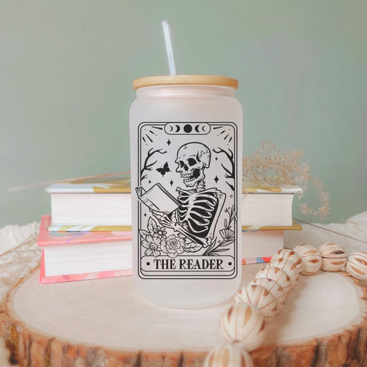 The Reader Tarot 16oz Iced Coffee Cup, Reader Gifts, Book Club Gift Exchange, Gift for Reader, Coffee Cup w/ Reusable Straw & Bamboo Lid.