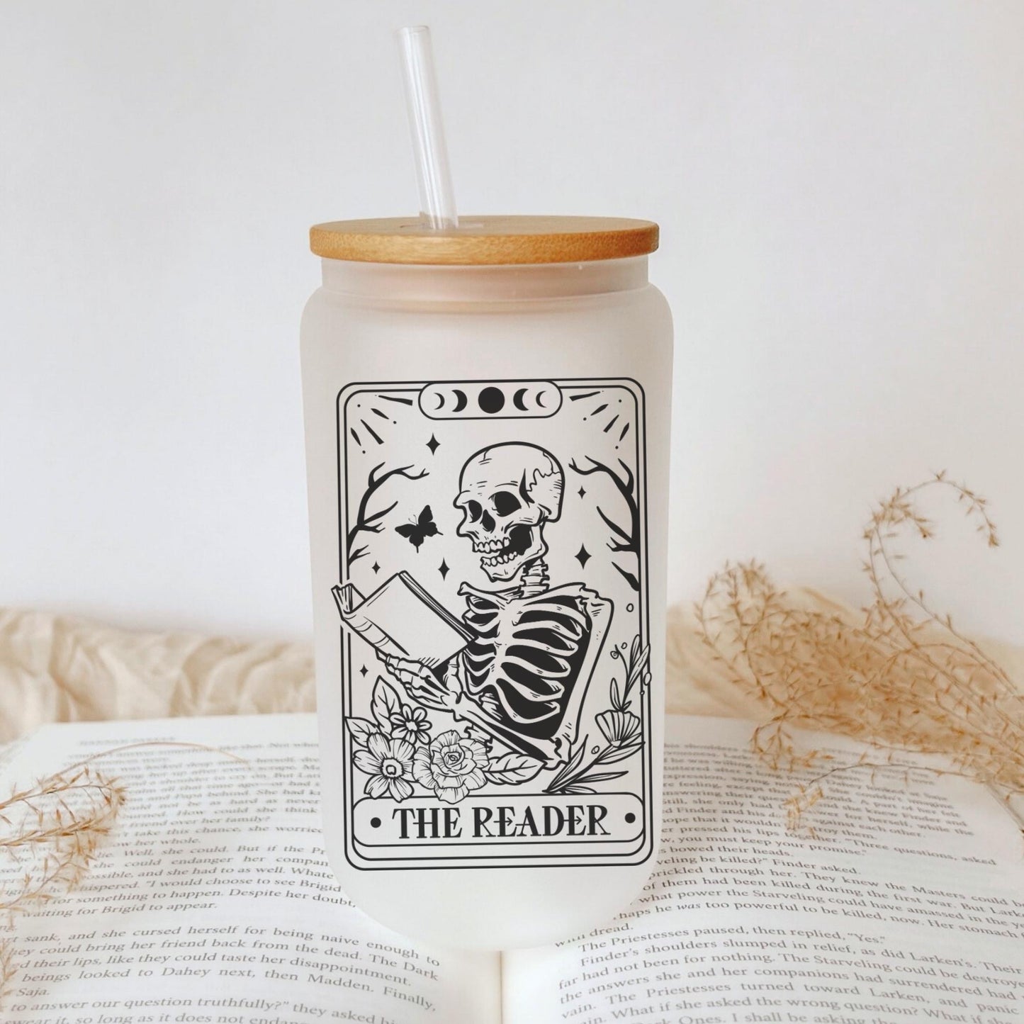 The Reader Tarot 16oz Iced Coffee Cup, Reader Gifts, Book Club Gift Exchange, Gift for Reader, Coffee Cup w/ Reusable Straw & Bamboo Lid.