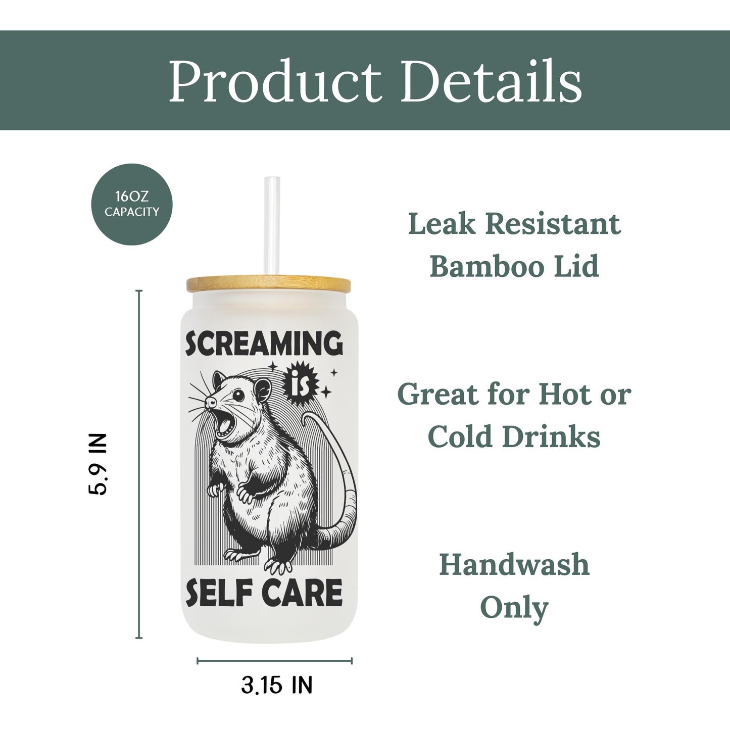 Screaming is Self Care 16oz Iced Coffee Cup, Funny Possum Glass, Self Care Funny Gift, Funny Possum Lover Gift, Coffee Cup w/ Straw & Lid.
