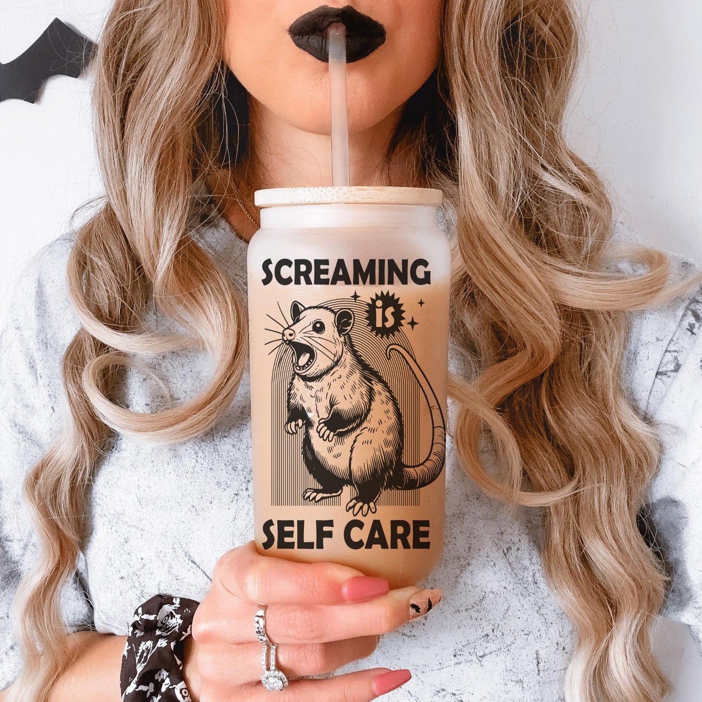 Screaming is Self Care 16oz Iced Coffee Cup, Funny Possum Glass, Self Care Funny Gift, Funny Possum Lover Gift, Coffee Cup w/ Straw & Lid.