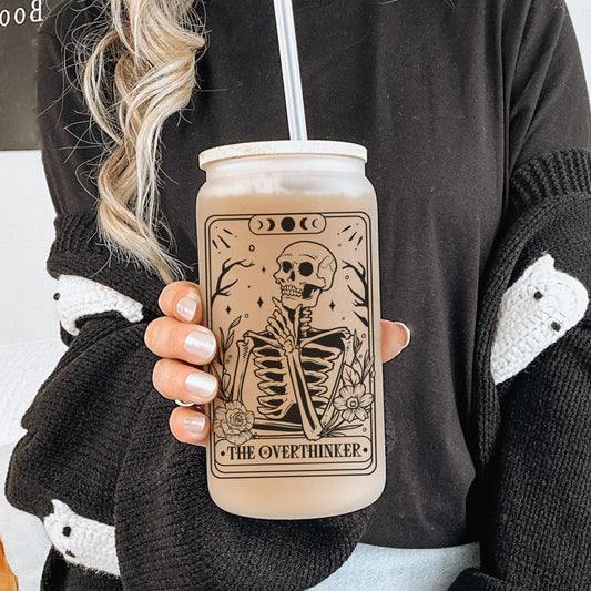 Overthinker Tarot 16oz Iced Coffee Cup, Tarot Card Glass Coffee Tumbler, Gifts for Someone Who Overthinks, Coffee Cup w/ Straw & Bamboo Lid.
