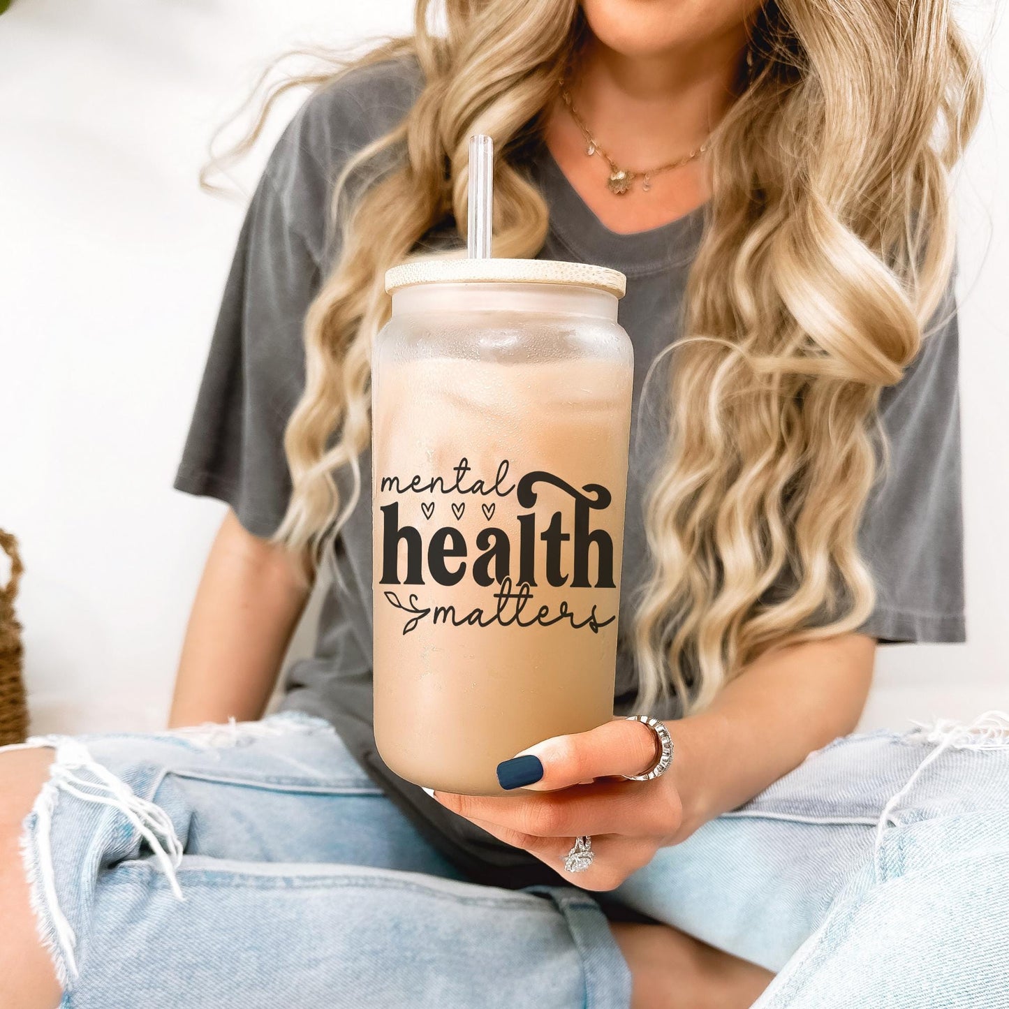 Mental Health Matters 16oz Iced Coffee Cup, Psychologist Gift, Gift For Therapist, Mental Health Glass Cup, Coffee Cup w/ Straw & Lid.