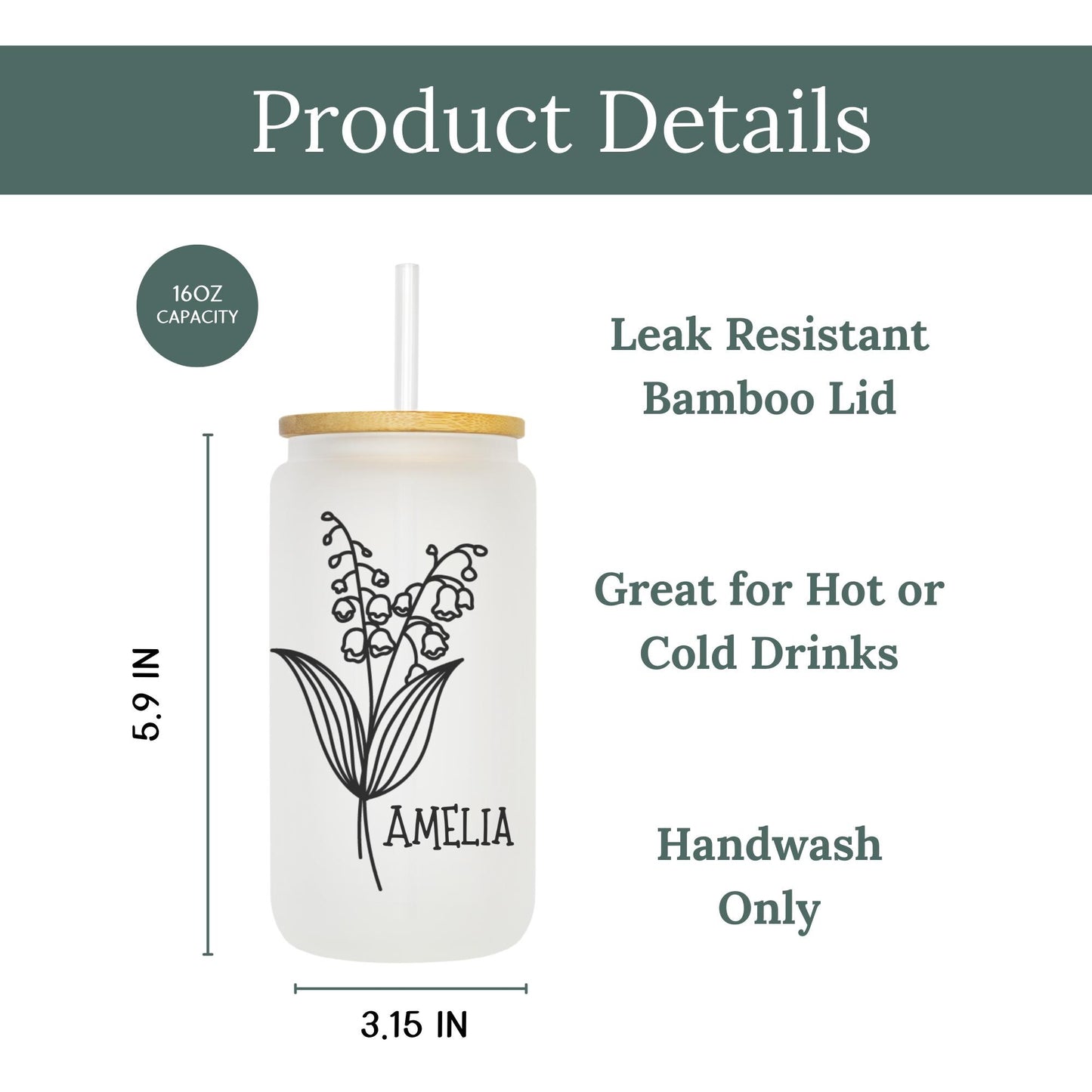 Birth Month Flower with Name 16oz Iced Coffee Cup, Gifts for Her, Bridesmaid Proposal Gift, Birthday Gift, Coffee Cup w/ Straw & Bamboo Lid.
