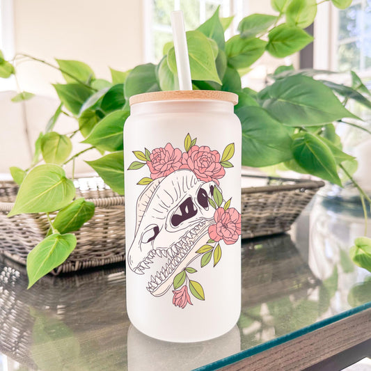 Floral Dilophosaurus Dinosaur 16oz Iced Coffee Cup, Dinosaur Cup, Floral Dinosaur Cup, Dinosaur Lover Gift, Coffee Cup w/ Straw & Bamboo Lid