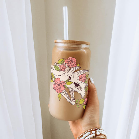 Floral Triceratops Dinosaur 16oz Iced Coffee Cup, Cute Dinosaur Cup, Floral Dinosaur Cup, Coffee Cup w/ Straw & Bamboo Lid